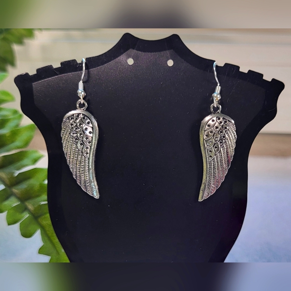 Silver Angel Wing Statement Dangle Earrings / Pierced - Picture 3 of 5